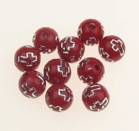 Opaque Acrylic Round Beads with Silver-Lined cross, Red 8mm, hole 2mm - 20 grams ~ 72 pieces