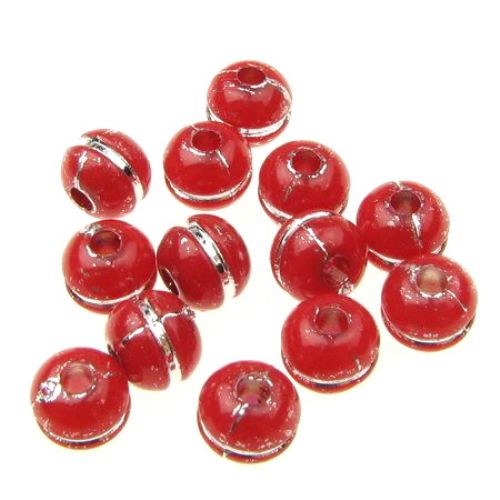 Opaque Acrylic Round Beads with Silver Line, 7x9 mm hole 2.3 mm red - 50 grams ~ 130 pieces