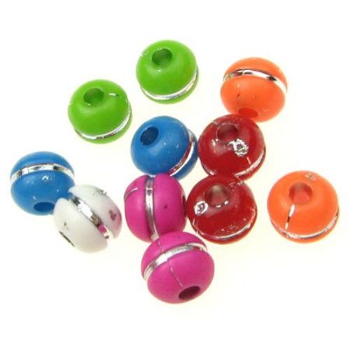 Opaque Acrylic Round Beads with Silver Line, 7x9 mm hole 2.3 mm mix - 50 grams ~ 130 pieces