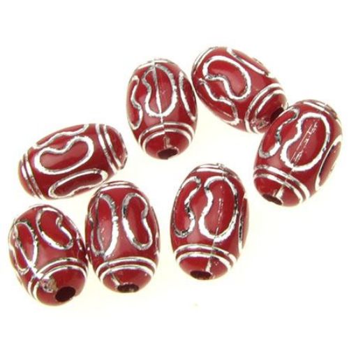 Opaque Acrylic Oval Beads with silver linе 15x10 mm hole 3 mm red - 50 grams
