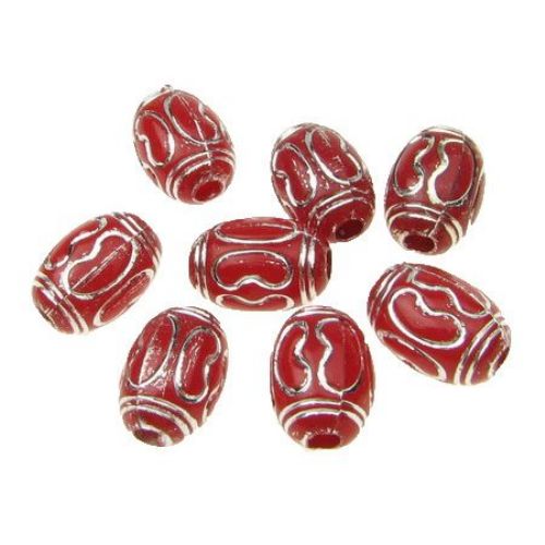 Opaque Acrylic Oval Beads with Silver Line, 11x8 mm hole 2.5 mm red - 50 grams ~ 125 pieces