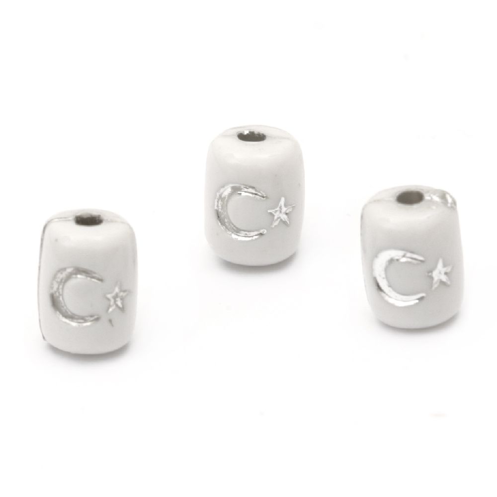 Opaque Acrylic Cylinder Beads with Silver Line moon and star 8x6 mm hole 2 mm white - 50 grams
