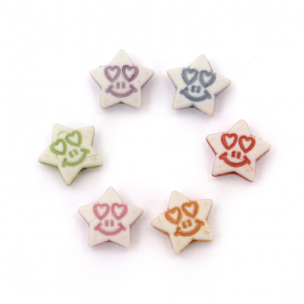 Cute Plastic Star Bead, Happy Face Bead for Children Accessories, 12x11x5 mm, Hole: 1.5 mm, MIX -50 grams ~ 160 pieces