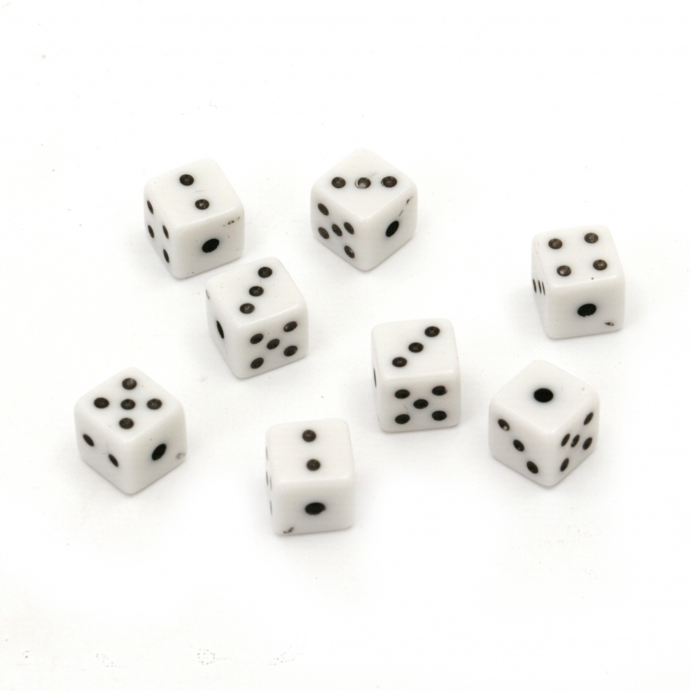 Plastic Dice Bead, 7.5x7.5 mm, Hole: 1.5 mm, White with Black -20 grams ~ 42 pieces