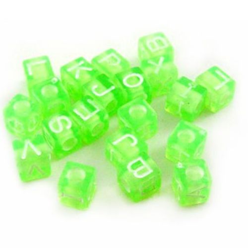 Cube 7x7x6 mm hole 3 mm with letters green - 50 grams