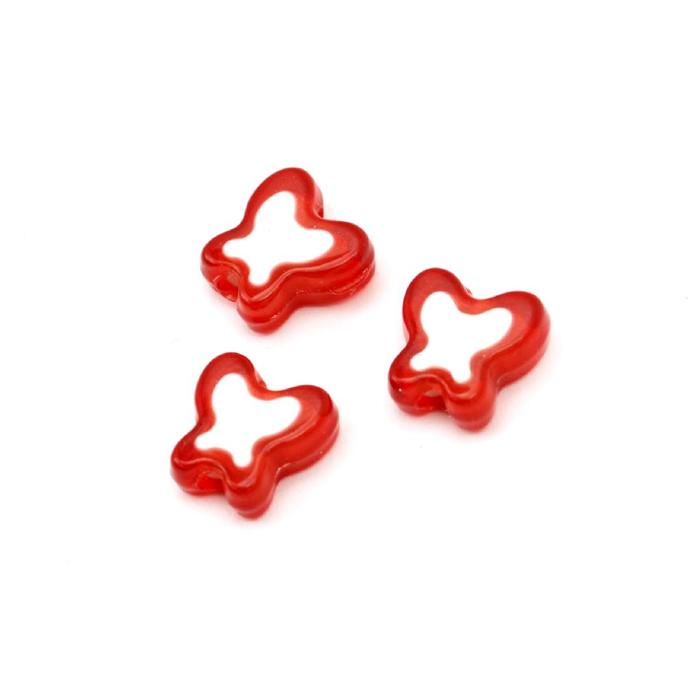 Butterfly Bead with white base 21x27x6 mm white and red - 50 grams