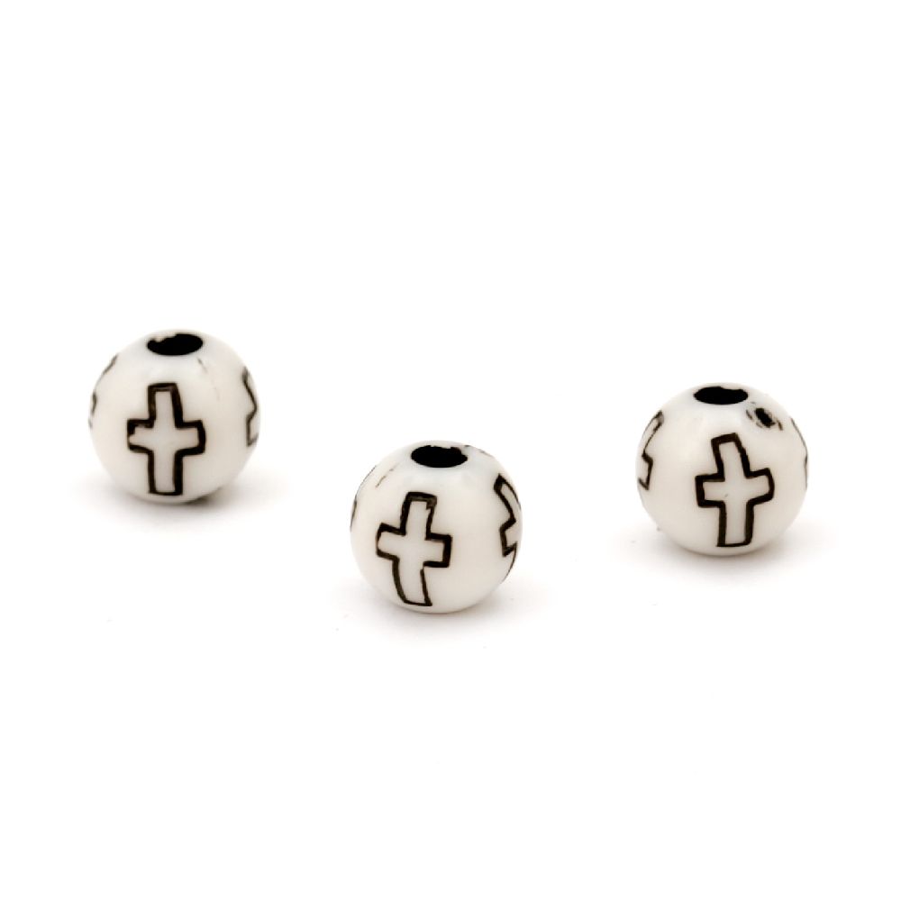 Plastic Ball-shaped Bead with a Cross, 8 mm, Hole: 2-2.5 mm, White with Black -20 grams ~ 80 pieces