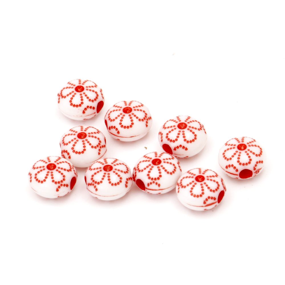 Two-colored circle bead  with flower 10x7 mm hole 2.5 mm white and red - 50 grams ~140 pieces