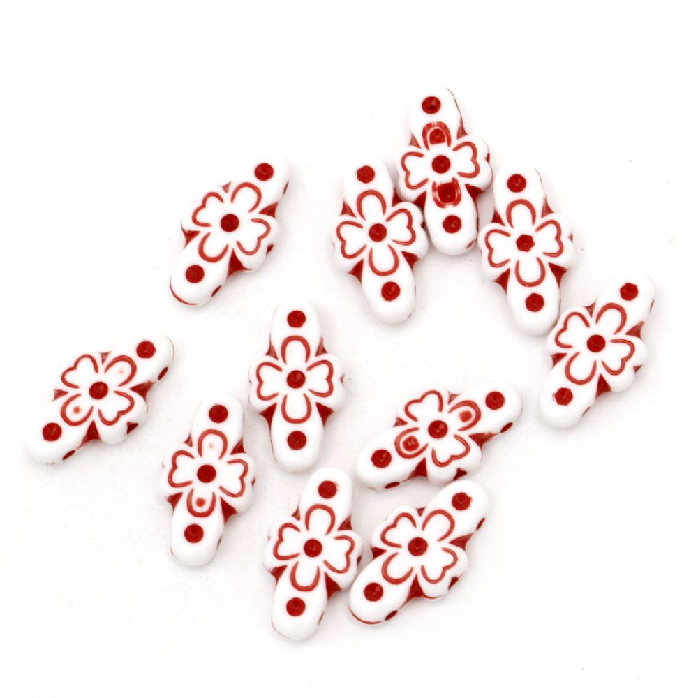 Χάντρα δίχρωμη  πλαστική 18,5x10x3,5 τρεις τρύπες 1 mm λευκό και κόκκινο -50 γραμμάρια ~ 120 τεμάχια