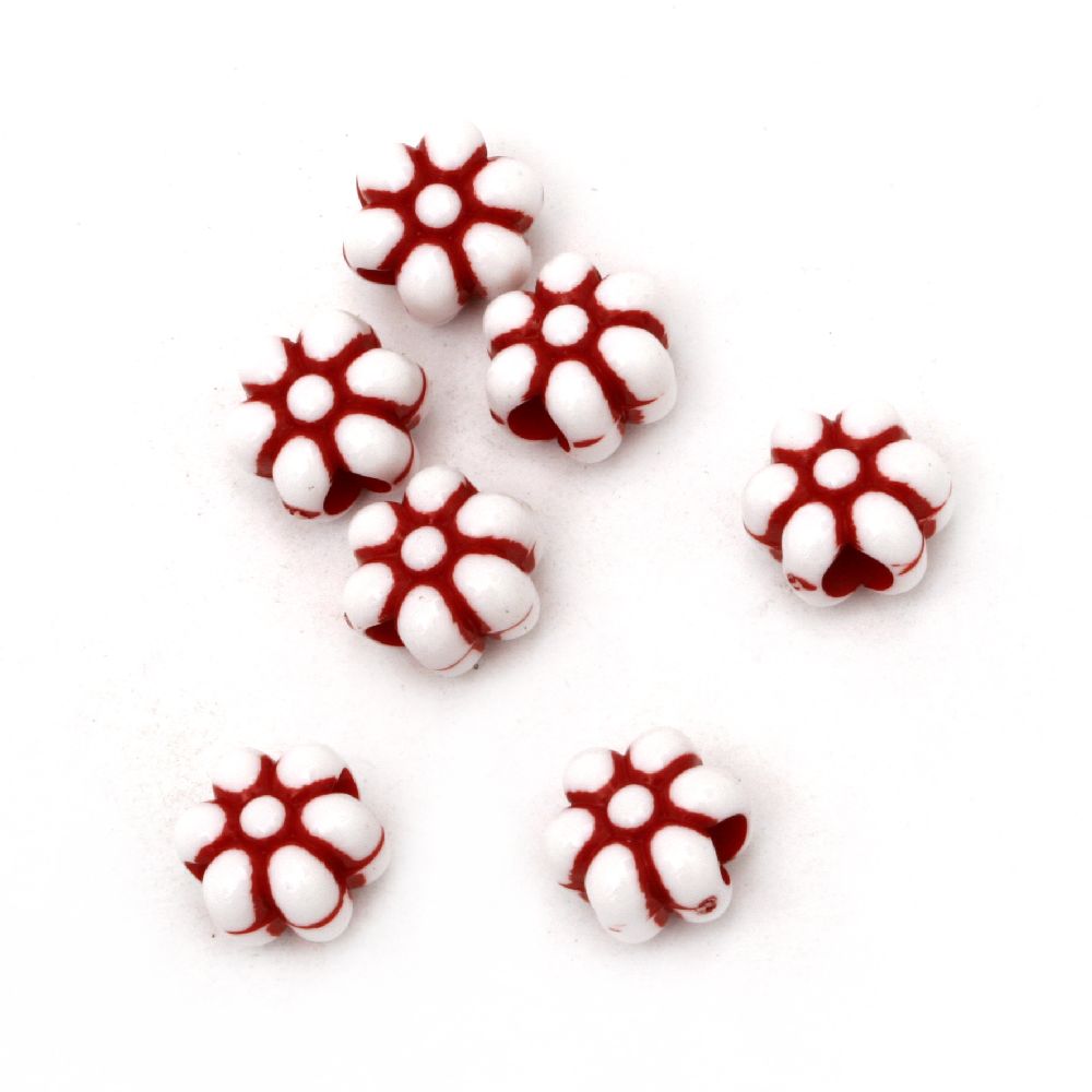 Мънисто двуцветно цвете 11x8 мм дупка 3.5 мм бяло и червено -50 грама ~ 100 броя