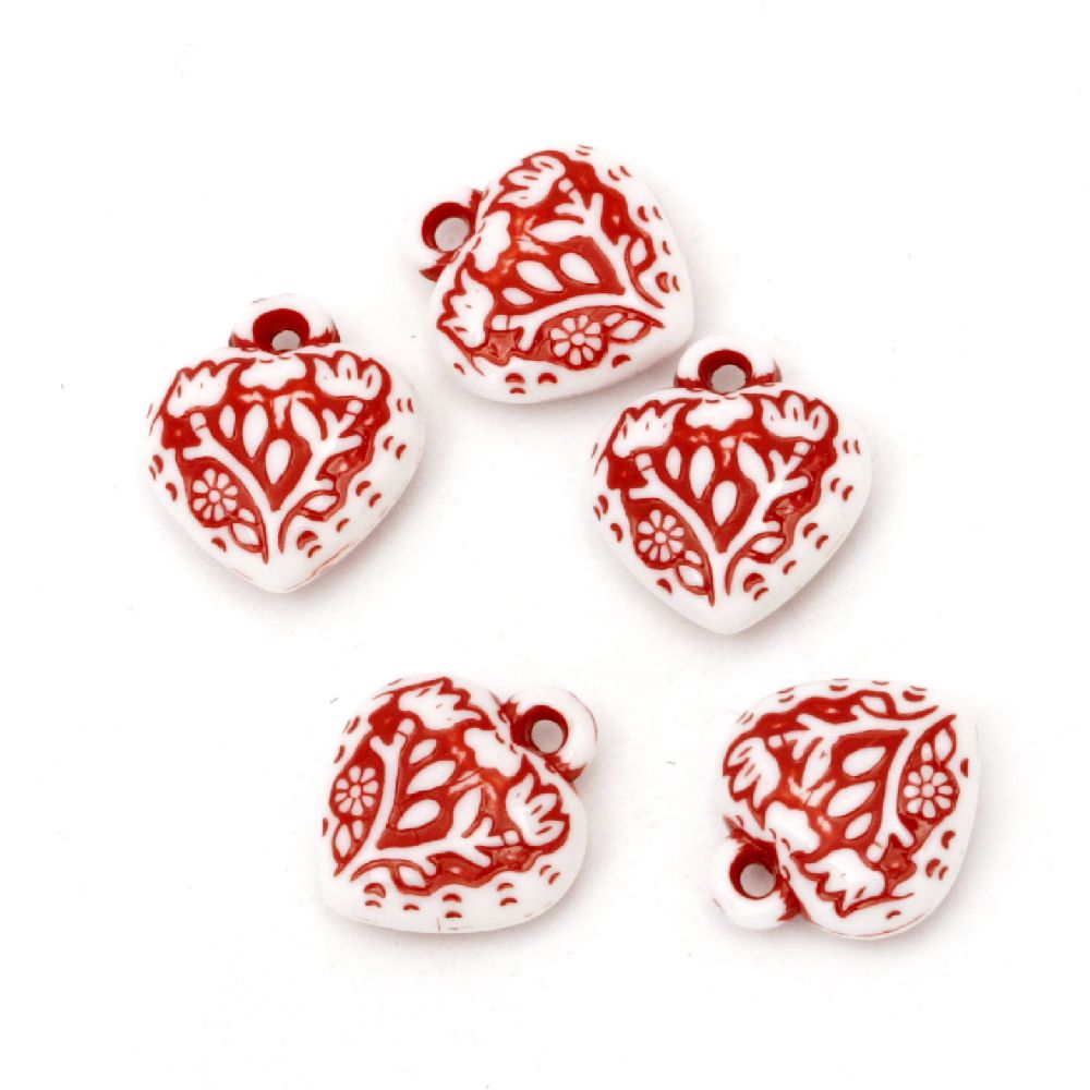 Pendant two-color heart 17x15x6 mm hole 1.5 mm white and red - 50 grams ~65 pieces