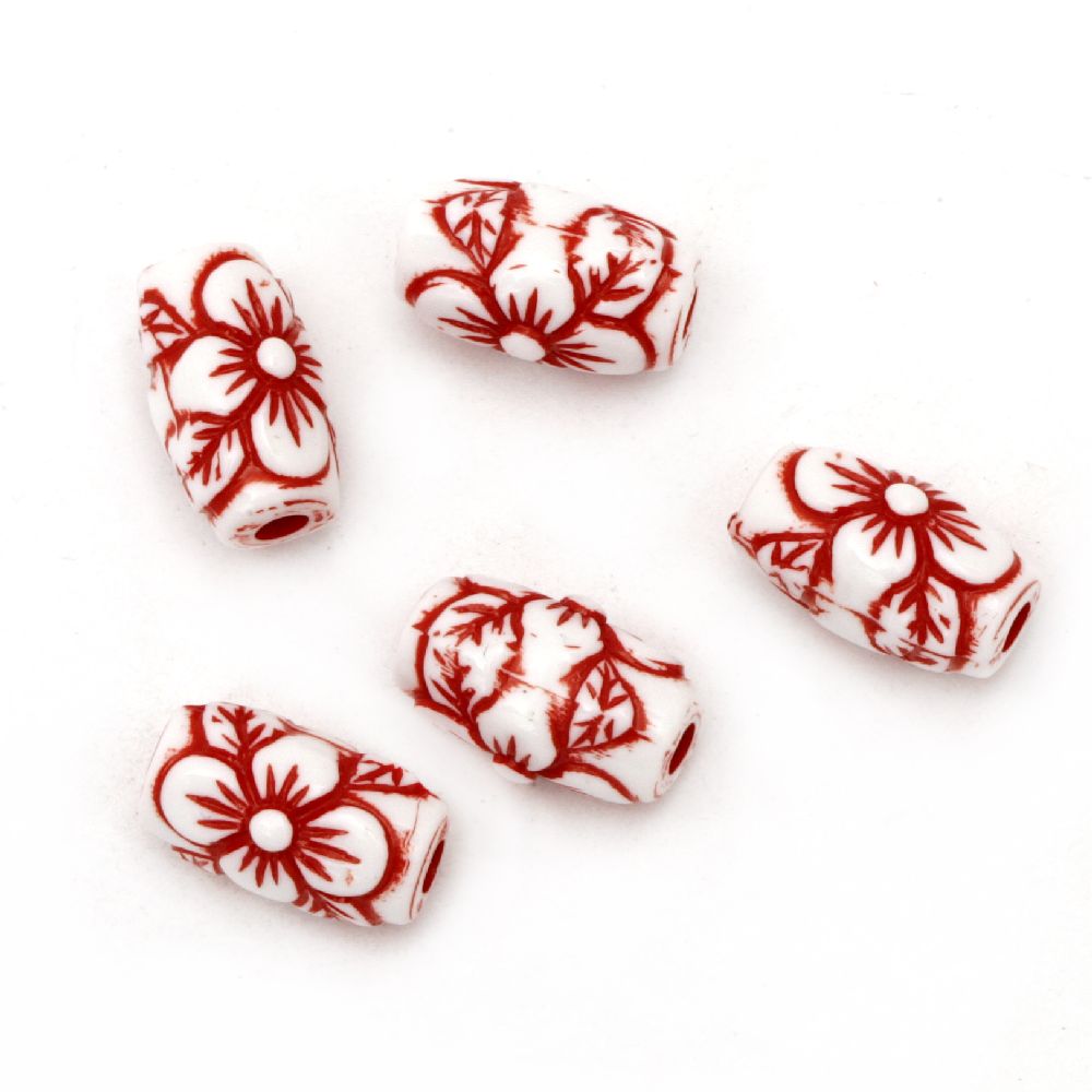 Two-color cylinder bead 16x9 mm hole 2.5 mm white and red - 50 grams ~ 55 pieces