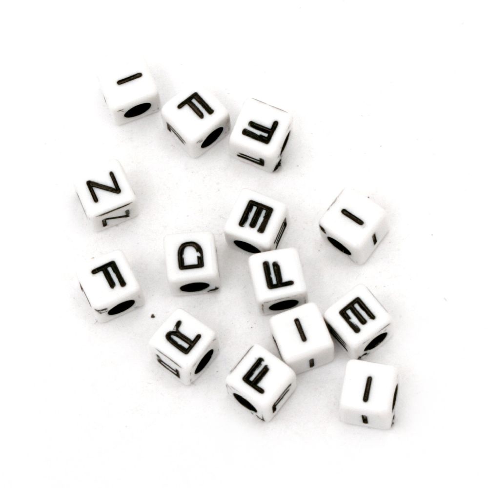 Two-color cube bead with letters 6 mm hole 3 mm white and black - 20 grams ~92 pieces