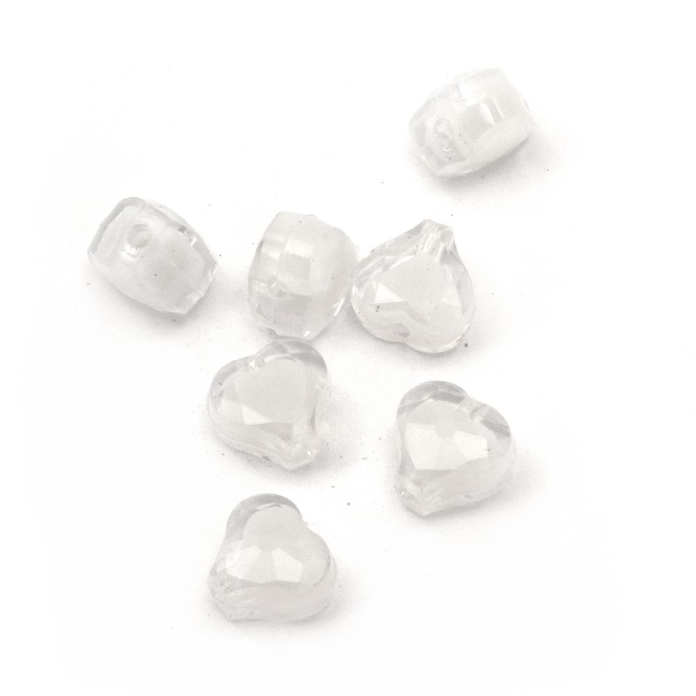 Transparent Acrylic Heart Bead with white base12x11x8 mm hole 2 mm - 50 grams ± 80 pieces