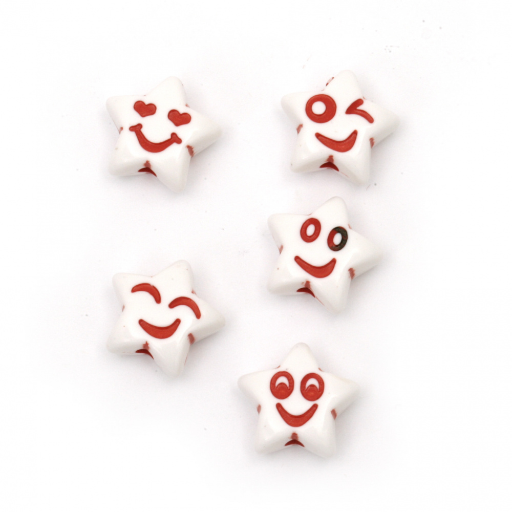 Beaded two-color star smile 13x14x6.5 mm hole 2 mm color white and red - 50 grams ±80 pieces