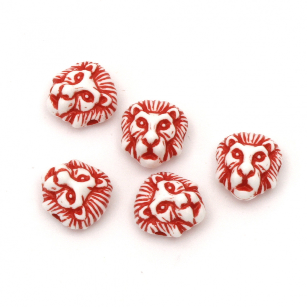 Margele cap de leu în două tonuri 12x11x8 mm gaură 2 mm culoare alb și roșu -50 grame ± 100 bucăți