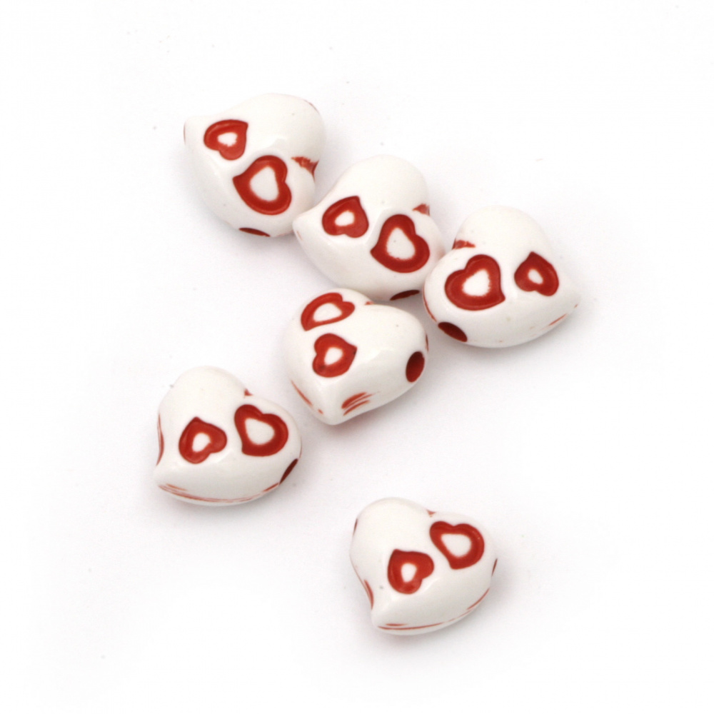 Two-color bead heart 10x10x7 mm hole 2 mm color white and red - 50 grams ±130 pieces