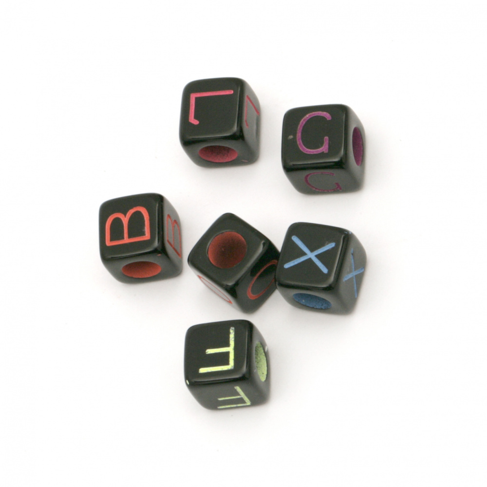 Two-color cube bead with letters 9x9 mm hole 5 mm color black - 20 grams ±35 pieces