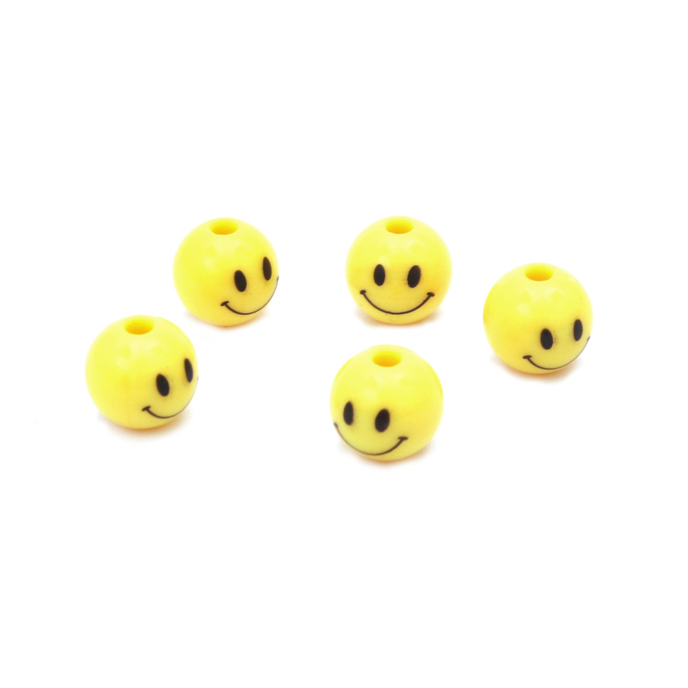 Round Smiley Face Bead / 10 mm,  Hole: 3 mm / Yellow - 20 grams ~ 38 pieces