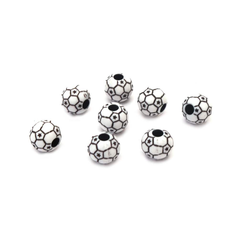 Plastic Two-color Bead, Soccer Ball / 12 mm, Hole: 3.5 mm / White - 50 grams ~ 60 pieces