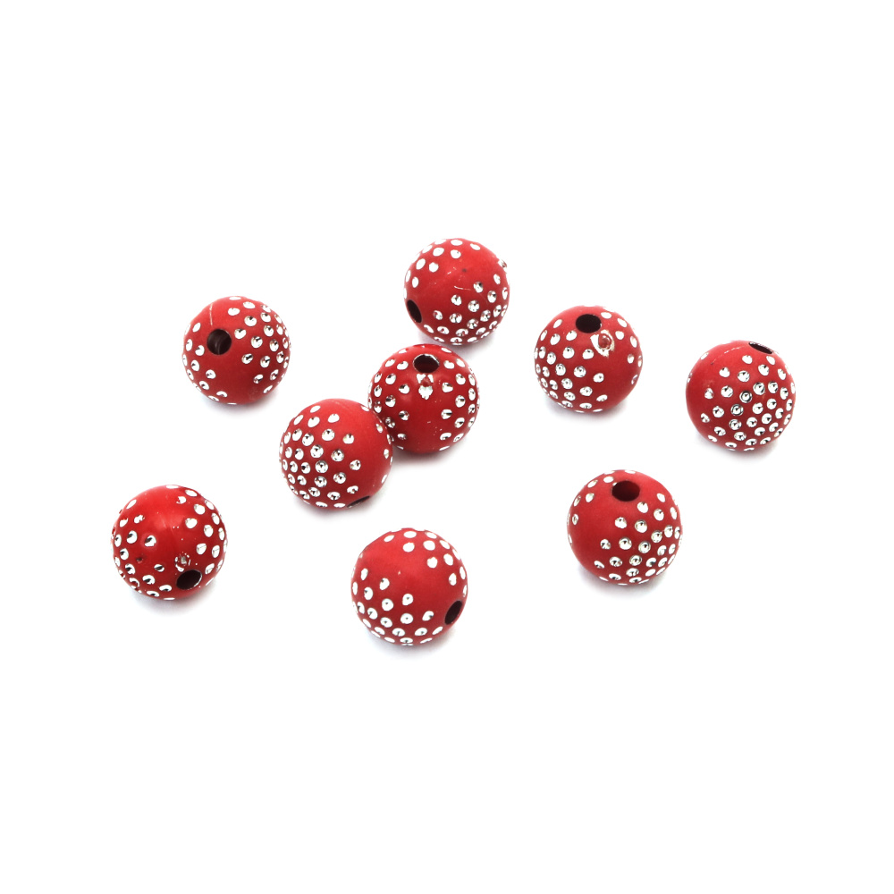 Round Plastic Bead with Imitation Crystals / 10 mm, Hole: 2 mm / Red - 50 grams ~ 85 pieces
