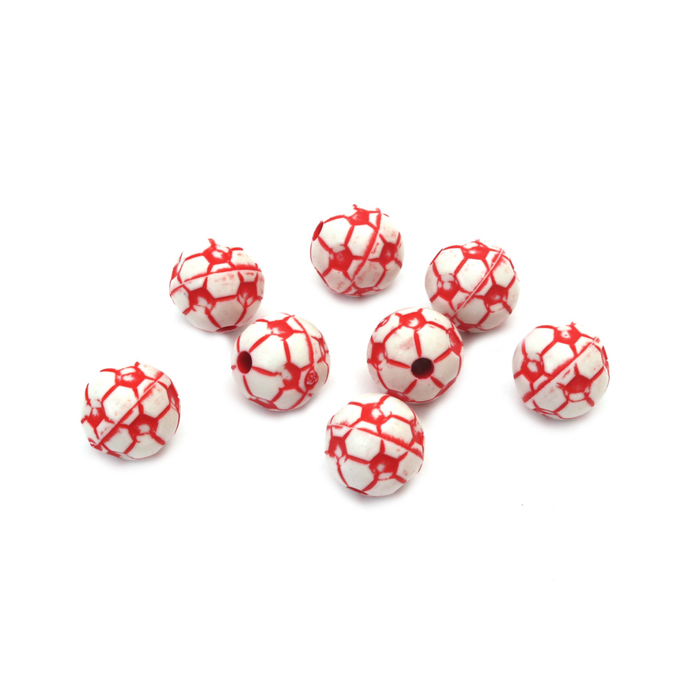 Plastic Soccer Ball Bead / 12 mm,  Hole: 2 mm / White and Red - 50 grams ~ 52 pieces