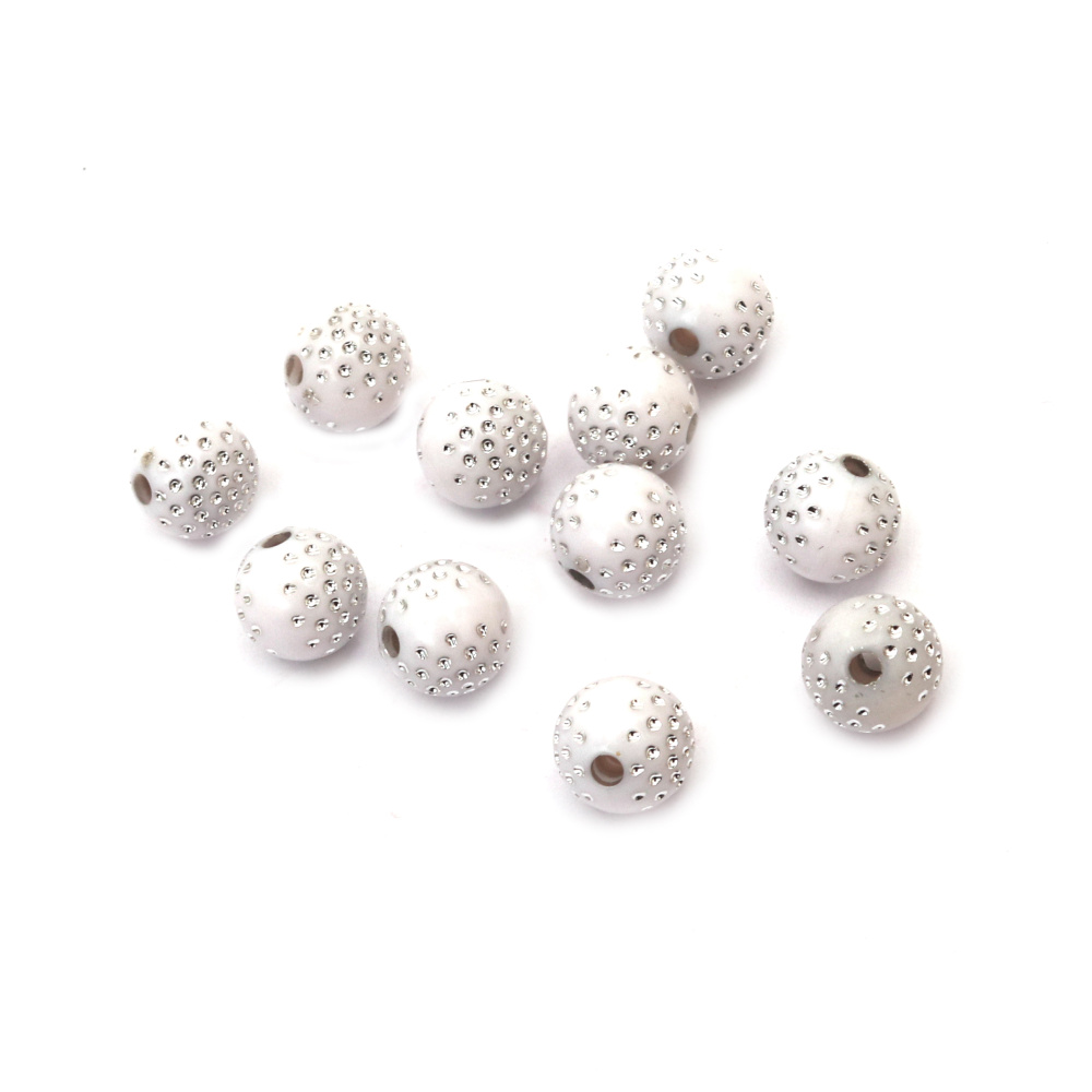 Round Plastic Bead with Imitation Crystals / 10 mm, Hole: 2 mm /  White - 50 grams ~ 85 pieces