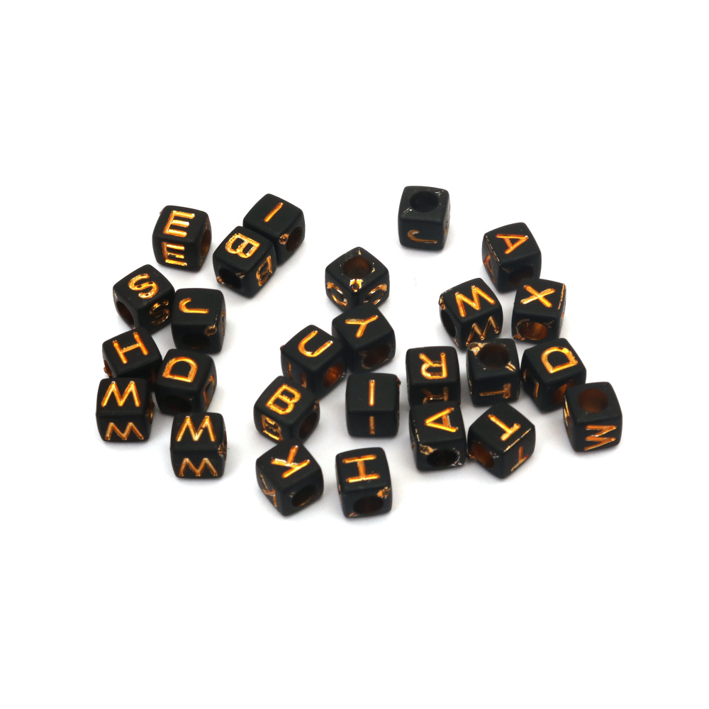 Two-color Cube Bead with Latin Letters / 6x6 mm, Hole: 3 mm / Black with Gold - 20 grams ~ 110 pieces