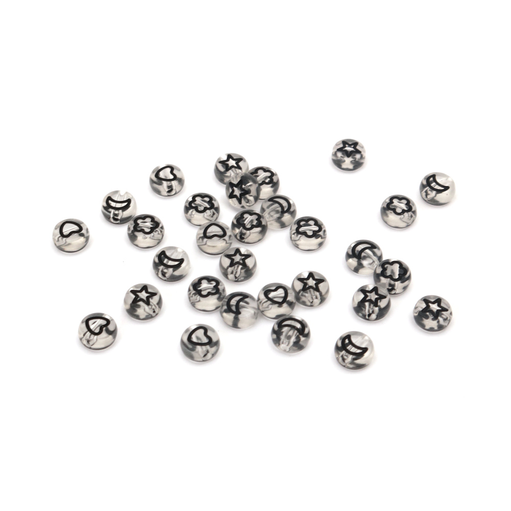 Acrylic Coin Shaped Bead / 7x4 mm, Hole: 2 mm / Transparent with Black Symbols - 20 grams ~ 160 pieces