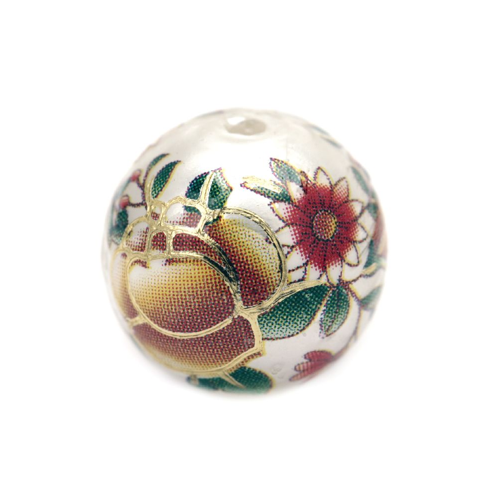 Gold-lined Ball with Print of Flowers, 12 mm, Hole: 2 mm -1 piece