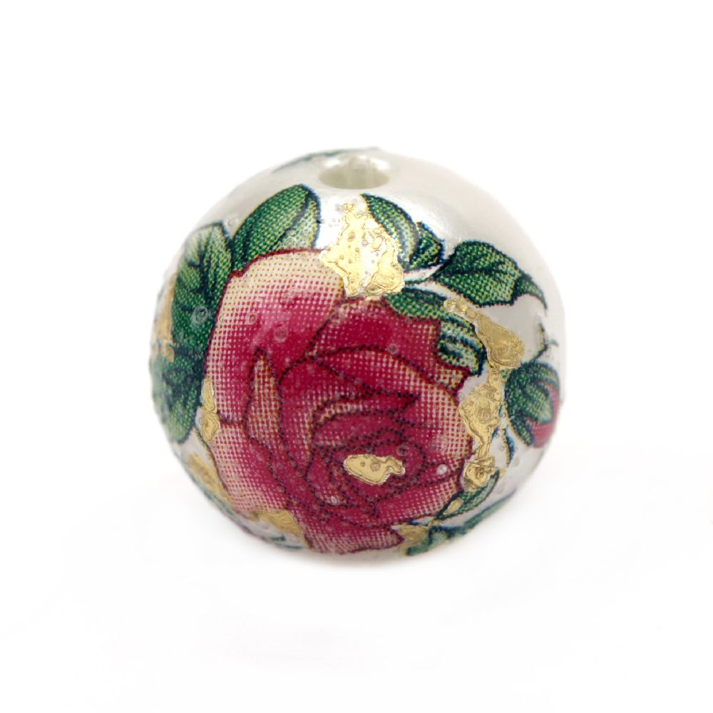 Painted bead 12 mm hole 2 mm rose with gold thread - 1 piece