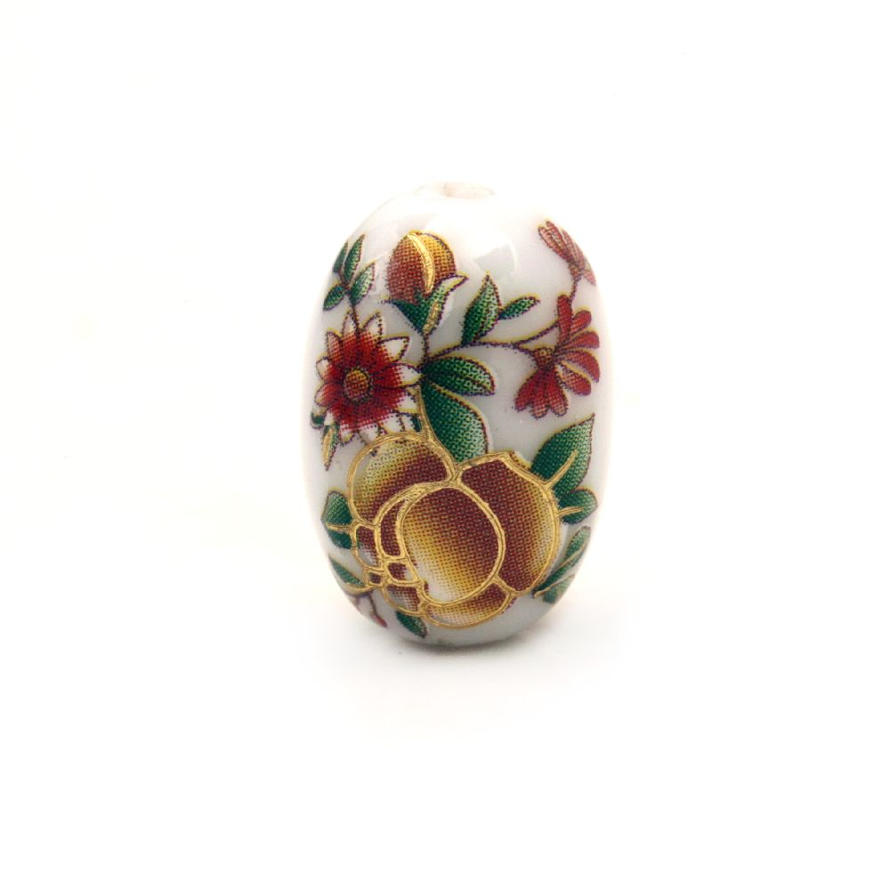 Gold-lined Oval Bead with Print of Flowers, 17x11 mm, Hole: 2 mm -1 piece