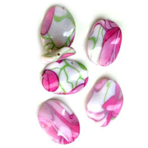 Plastic Painted Beads with flowers, color 61 for DIY making accessories and jewelry 38x28 mm - 3 pieces - 15 grams