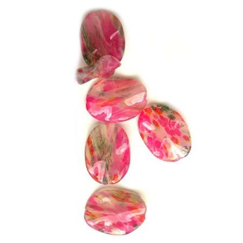 Plastic Painted Beads with flowers, color 7 for DIY making accessories and jewelry 38x28 mm - 3 pieces - 15 grams