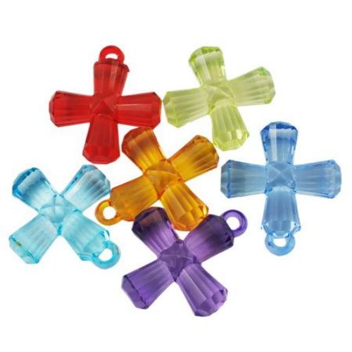 Transparent Faceted Cross Pendant, Crystal Imitation, 31x26x9 mm, Hole: 3 mm, MIX - 50 grams