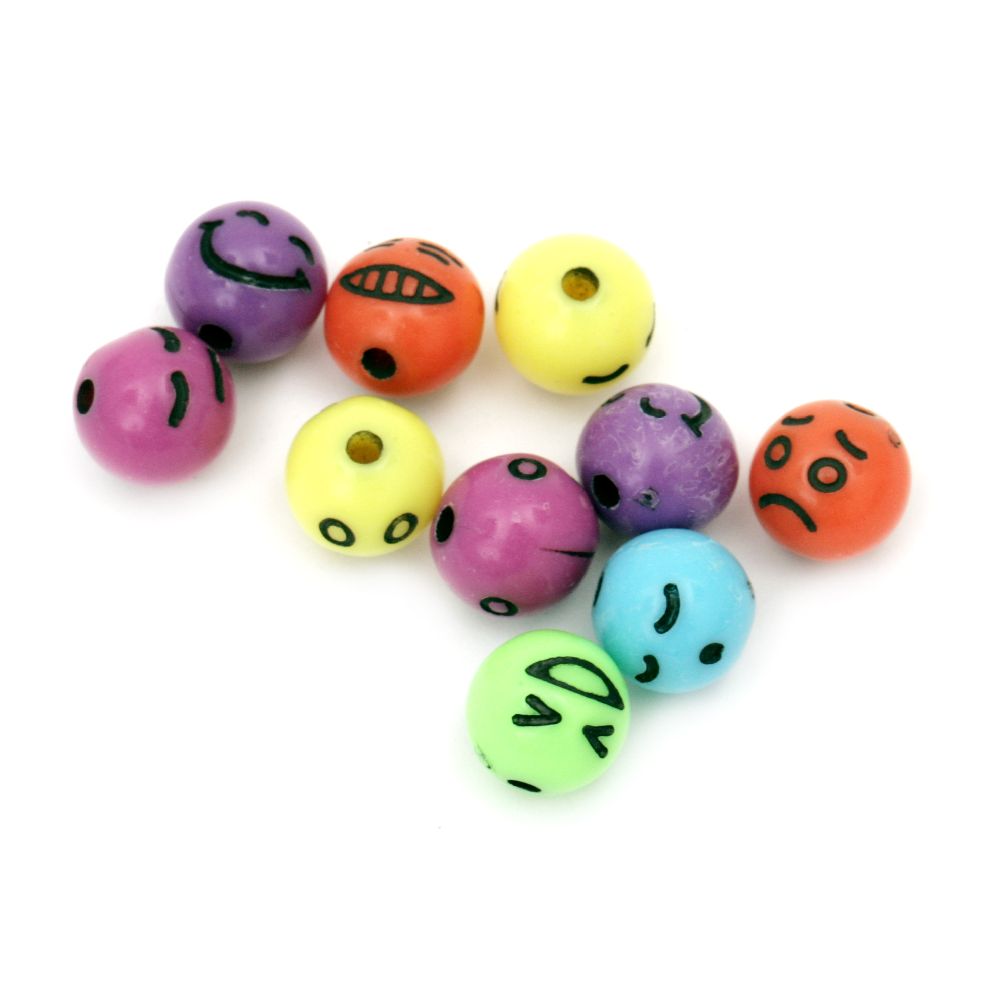 Plastic Round Bead / Emoticons, 8 mm, Hole: 2.5 mm, MIX -20 grams ~ 52 pieces