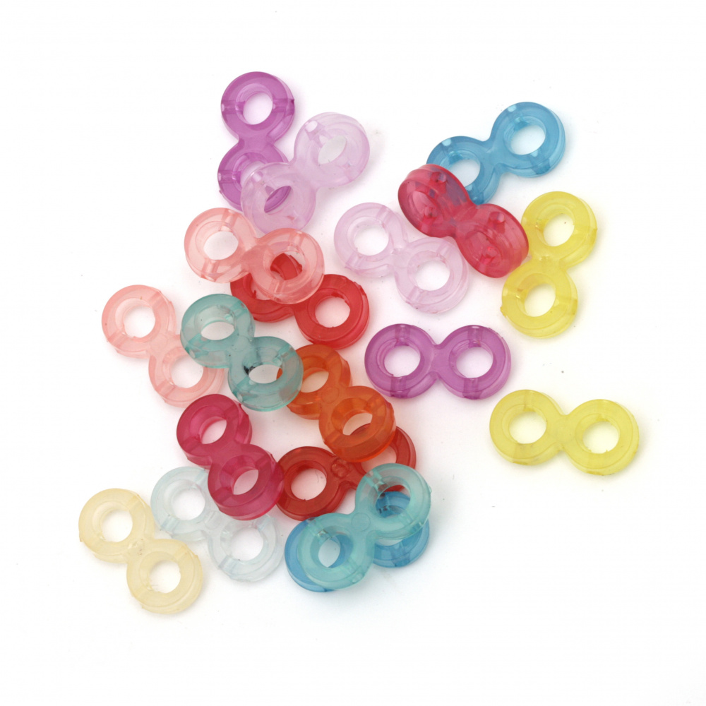 Infinity Symbol Acrylic Bead, Connecting Element, 20x10x5 mm, Two Holes: 1.5 mm, Transparent Pastel Colors, MIX -50 grams ~ 90 pieces