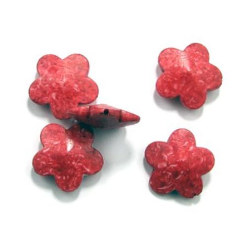 Мънисто имитация камък цвете 29x29x11 мм дупка 2 мм червено -50 грама ~ 12 броя