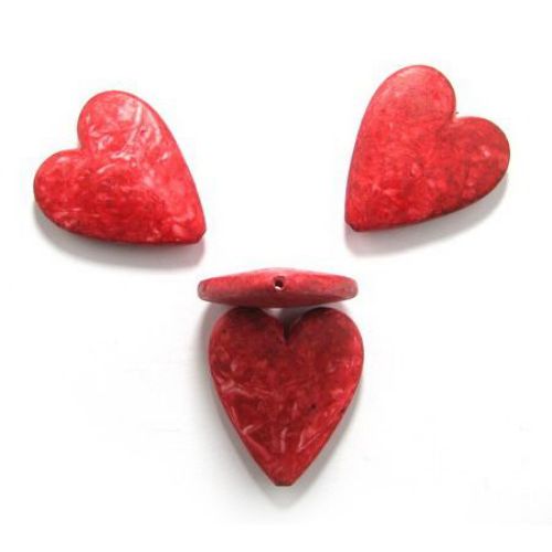 Мънисто имитация камък сърце 47x39x9 мм дупка 2 мм червено -50 грама ~ 4 броя