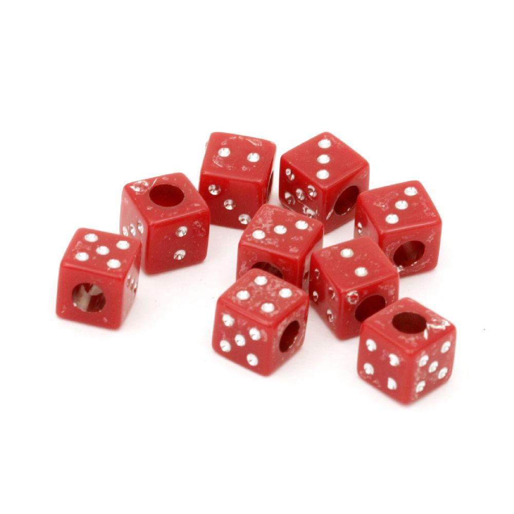 Plastic opaque Dice bead 6 mm hole 3 mm with imitation of pebbles, color red - 20 grams ~ 104 pieces