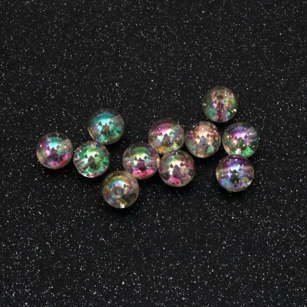 Acrylic Transparent Ball Bead / 10 mm, Hole: 1.5 mm / RAINBOW with Brocade - 20 grams ~ 35 pieces