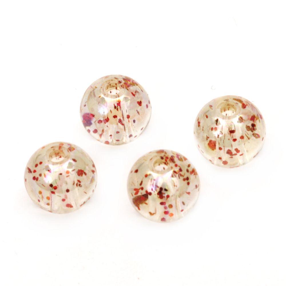 Clear Ball Bead with Glitter / 10 mm, Hole: 1.5 mm / RAINBOW with Red - 20 grams ~ 35 pieces