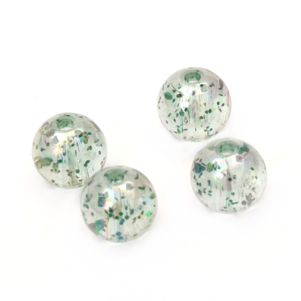 Round Clear Beads with Glitter / 10 mm, Hole: 1.5 mm / RAINBOW with green Glitter - 20 grams ~ 35 pieces