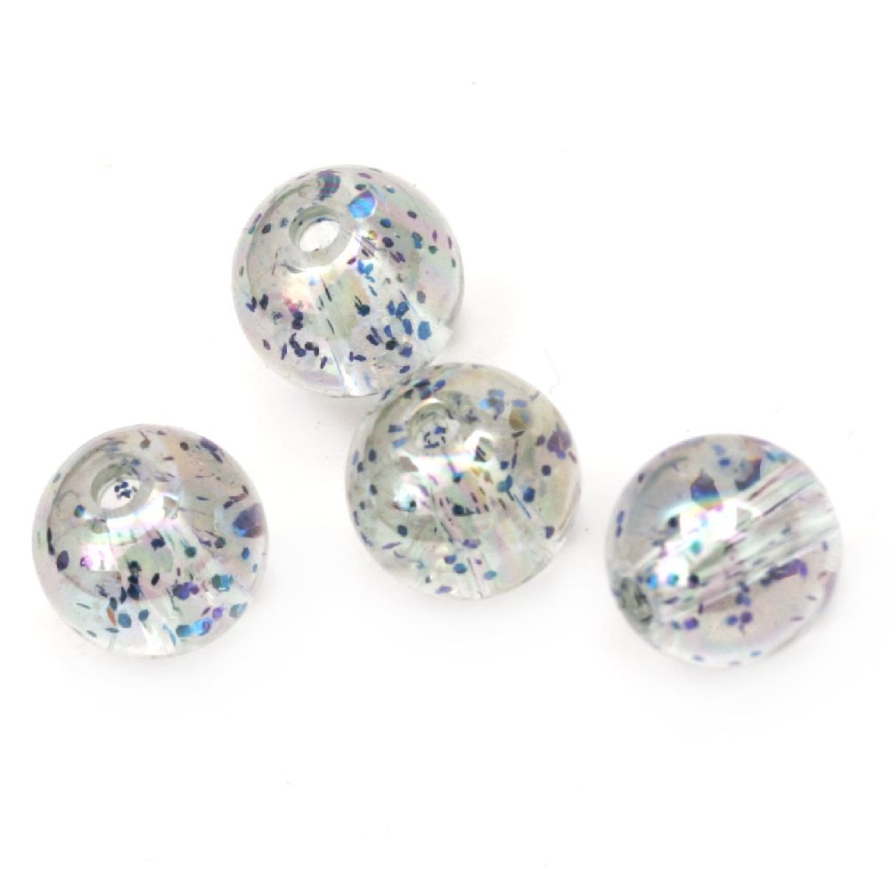 Plastic Ball-shaped Bead / 10 mm, Hole: 1.5 mm / Transparent with Blue Glitter - 20 grams ~ 35 pieces