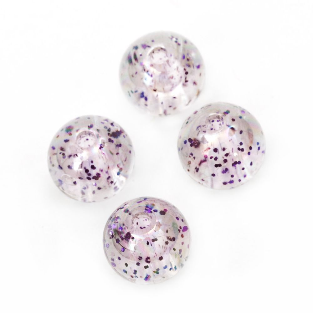 Plastic Transparent Ball Beads with Glitter Powder / 12 mm, Hole: 1.5 mm / RAINBOW with Purple - 20 grams ~ 21 pieces