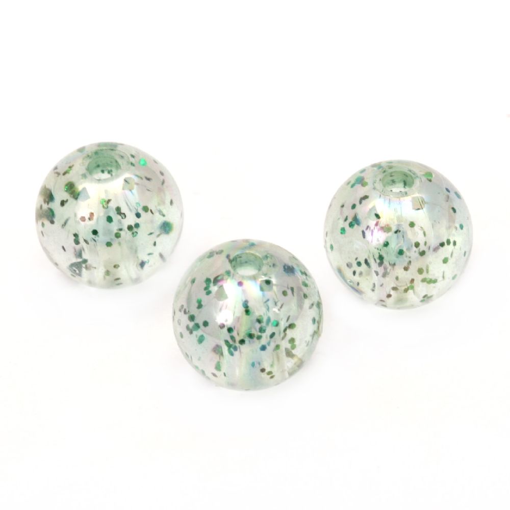 Ball Beads with Glitter Powder / 12 mm, Hole: 1.5 mm / Clear RAINBOW with Green - 20 grams ~ 21 pieces