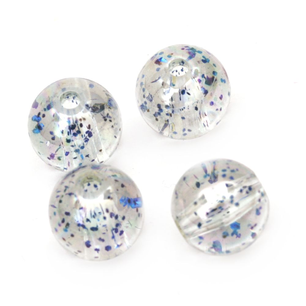 Acrylic Ball Beads, Crystal AB / 12 mm, Hole: 1.5 mm / Transparent RAINBOW with Blue Glitter - 20 grams ~ 21 pieces