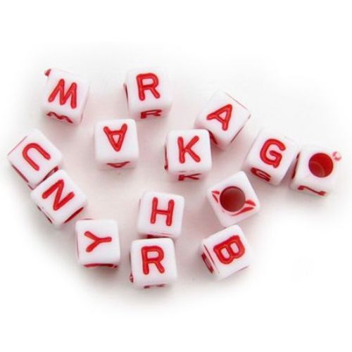 Cub litere 6 mm gaură 3 mm alb și roșu -50 grame ~ 300 bucăți