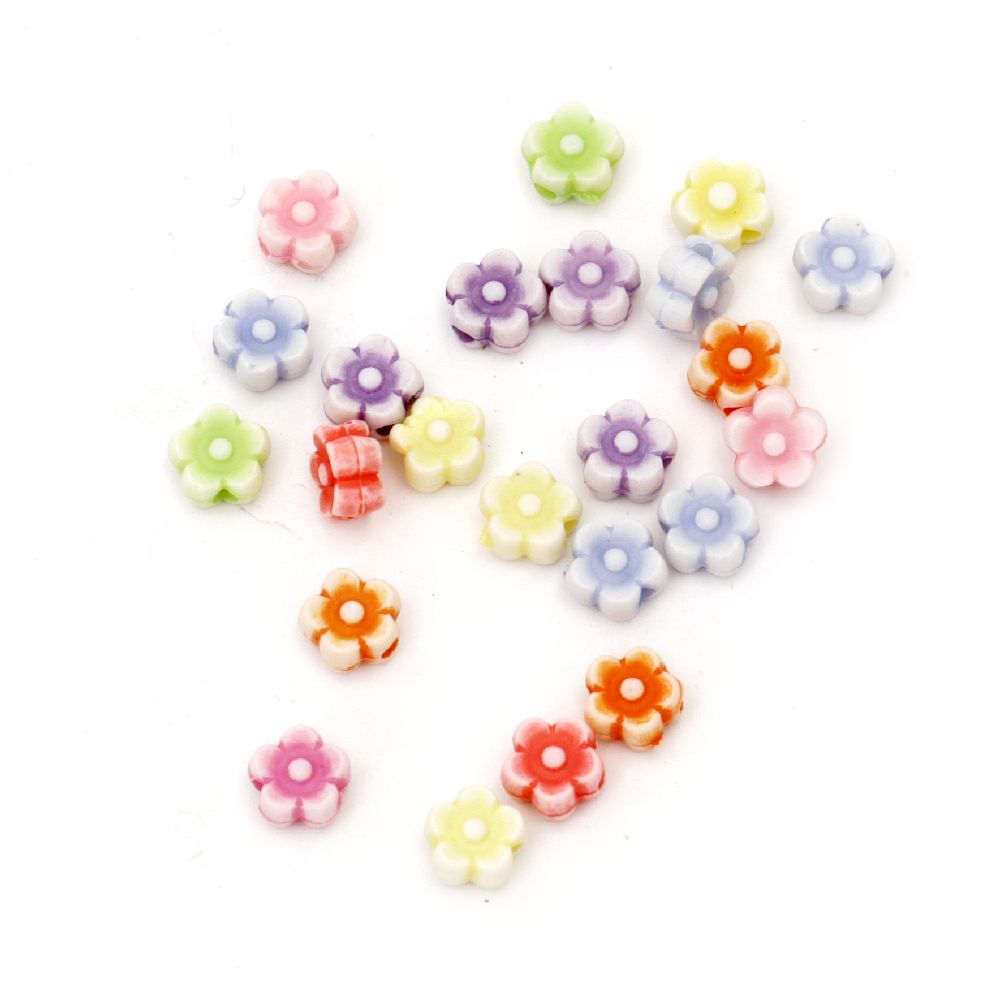 Cute Plastic Two-colored Flower Bead, Assorted Pastel Colors, 7x3 mm, Hole: 1 mm -50 grams ~ 470 pieces