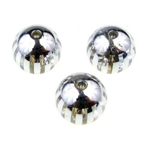 Bead metallic striped ball 14 mm hole 2.5 mm silver - 8 pieces